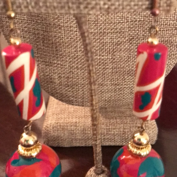 3 for $15 Boho dangle earrings with splashes of pink, blue and white - Picture 3 of 4
